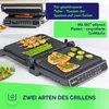 A multi-panel image showcasing an electric grill with food being cooked on it, along with descriptive text overlays. Produktbild-Vorschau