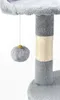A close-up view of a grey cat scratching post with a dangling grey pom-pom toy. Produktbild-Vorschau