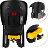 A collage of images showing a black child bicycle seat with yellow mounting hardware and close-ups of its attachment mechanisms. Náhled obrázku produktu