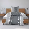 A bed with grey bedding featuring a reindeer pattern, set against a wooden headboard. Produktbild-Vorschau