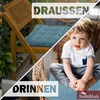 A split image showing a chair with a cushion outdoors on the left, and a child sitting on a cushion indoors on the right. Produktbild-Vorschau