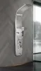 A modern stainless steel shower panel with multiple jets and a rainfall showerhead mounted on a textured gray wall. Podgląd zdjęcia produktu