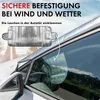 A car windshield sunshade is shown being installed on a car window, with text overlay describing its features. Produktbild-Vorschau