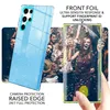 A phone case with a glittery blue finish is shown next to a screen protector being applied to a phone displaying a party scene. Produktbild-Vorschau