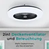 A modern ceiling fan with integrated lighting is mounted on a white ceiling. Produktbild-Vorschau