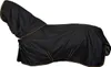 A black horse blanket with gold trim is laid out on a white background. Produktbild-Vorschau