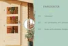 A wooden door with glass panes, part of a garden house, with descriptive text about its features. Produktbild-Vorschau