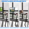 A collage of three images showing a desk in different configurations, set against a window with blinds. Produktbild-Vorschau
