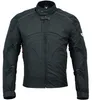 Herren-Motorradjacke in Schwarz, Vorderansicht. Gefertigt aus Cordura-Polyester 600D und wasserabweisendem Nylon, mit Reißverschluss- und Klettverschlüssen. Ausgestattet mit Protektoren an Armen, Schultern und Rücken. Produktbild-Vorschau