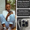 A person is holding a phone with a clear case, and there are text overlays describing product features. Produktbild-Vorschau