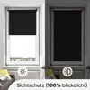 A split image showing a window with a black roller blind. The left side shows the blind partially open with sunlight coming through, and the right side shows the blind fully closed, blocking out light. Icons and text are overlaid. Produktbild-Vorschau