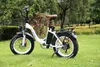 A white electric bicycle with fat tires is parked on a grassy lawn with trees in the background. Produktbild-Vorschau