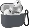 A close-up shot of a pair of white AirPods Pro 2nd generation earbuds inside a dark gray silicone case with a black carabiner attached. Produktbild-Vorschau
