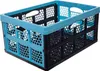 A folding storage crate with blue handles and frame, and black mesh sides. Produktbild-Vorschau