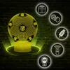 A 3D LED lamp shaped like a soccer ball, with glowing effects, set against a dark brick wall background. Several circular icons with white outlines are arranged to the right of the lamp, illustrating features like a gift box, a touch sensor, a USB connecti Voir les images du produit