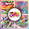 A collage of images showing loom bands and bracelets made from them. Produktbild-Vorschau