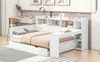 A white daybed with storage drawers and a bookshelf headboard, set up in a bedroom with a desk and chair in the background. Produktbild-Vorschau