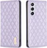 A purple quilted phone case for a Samsung Galaxy S23 is shown from two angles: closed and open. Produktbild-Vorschau