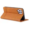 A brown leather flip case for a smartphone is shown standing upright, revealing the phone's camera module. Produktbild-Vorschau