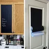 A collage showing two different applications of a chalkboard-style adhesive sheet. The left side shows it applied to cabinet doors in a kitchen, with a grocery list written on it. The right side shows it being applied to a white door, with the roll partial Produktbild-Vorschau