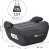 A dark gray child booster seat is shown from a slightly elevated side angle against a white background. Dimensions and weight information are displayed in the upper left corner. Podgląd zdjęcia produktu