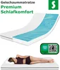 A collage showing a gel foam mattress with a cutaway view, a person sleeping on a mattress, and product certifications. Produktbild-Vorschau