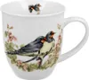 A white ceramic mug decorated with a painting of two barn swallows perched on a branch with pink flowers. Anteprima dell’immagine prodotto