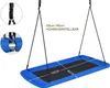 A blue swing seat suspended by ropes, with close-up insets showing attachment details and text indicating dimensions and adjustability. Produktbild-Vorschau