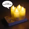 A set of four LED candles on a charging base, with a speech bubble indicating '6 charge Swing candle light'. Produktbild-Vorschau