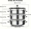 A diagram showing the dimensions of a multi-tier stainless steel steamer pot. Produktbild-Vorschau