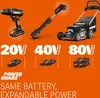 A collage of WORX power tools and batteries, with text indicating battery compatibility. Produktbild-Vorschau