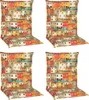 Four chair cushions with a colorful print of buildings. Produktbild-Vorschau