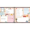 An open children's book with illustrated pages for personal details and drawings. Produktbild-Vorschau