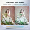 A split image showing a woman in a forest setting, with different lighting conditions on each side. A color temperature scale is displayed at the bottom. Produktbild-Vorschau