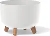 A white planter pot with wooden legs on a white background. Náhľad obrázku produktu
