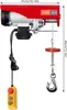A red electric hoist with a control pendant and hook is shown against a white background, with dimensions indicated. Podgląd zdjęcia produktu