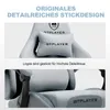 Close-up shots of a gray gaming chair, highlighting its embroidered logo and fabric surface. Produktbild-Vorschau