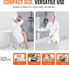 Collage of images showing a shower chair in use by different people in a bathroom setting, with text overlays highlighting features and target users. Podgląd zdjęcia produktu