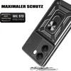 A black smartphone case with a ring holder and camera protection is shown at an angle, with some debris falling from it. Produktbild-Vorschau