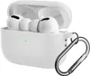 A white protective case for Apple AirPods Pro 2 with the earbuds inside and a carabiner attached. Produktbild-Vorschau