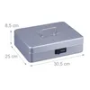 A silver cash box with a combination lock and dimensions indicated by measurement lines and text. Náhled obrázku produktu