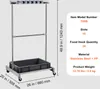 A metal storage rack with a bin and hooks, with dimensions and specifications displayed. Anteprima dell’immagine prodotto