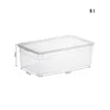 A clear plastic storage box with dimensions indicated. Produktbild-Vorschau