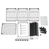 An overhead view of the components of a black wire shelving unit, including shelves, poles, casters, and connectors, laid out on a white background. Náhled obrázku produktu