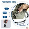 A person is using a shower chair with pivoting armrests. The image highlights features like non-slip, waterproof, and soft seat. Produktbild-Vorschau