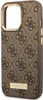 A brown iPhone case with a repeating Guess logo pattern and a gold trim around the camera opening. Podgląd zdjęcia produktu