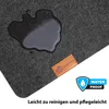 A close-up of a dark gray felt desk mat with a spill of water on it, showing its water-resistant properties. A leather brand tag is visible, and a "WATER PROOF" icon is in the corner. Text is present at the bottom. Produktbild-Vorschau