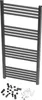 A black towel radiator with mounting hardware. Podgląd zdjęcia produktu