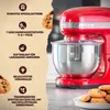 A red stand mixer is shown with text detailing its features, alongside images of cookies. Náhľad obrázku produktu