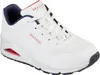 A white SKECHERS UNO sneaker with navy and red accents, shown from the side against a white background. Voir les images du produit